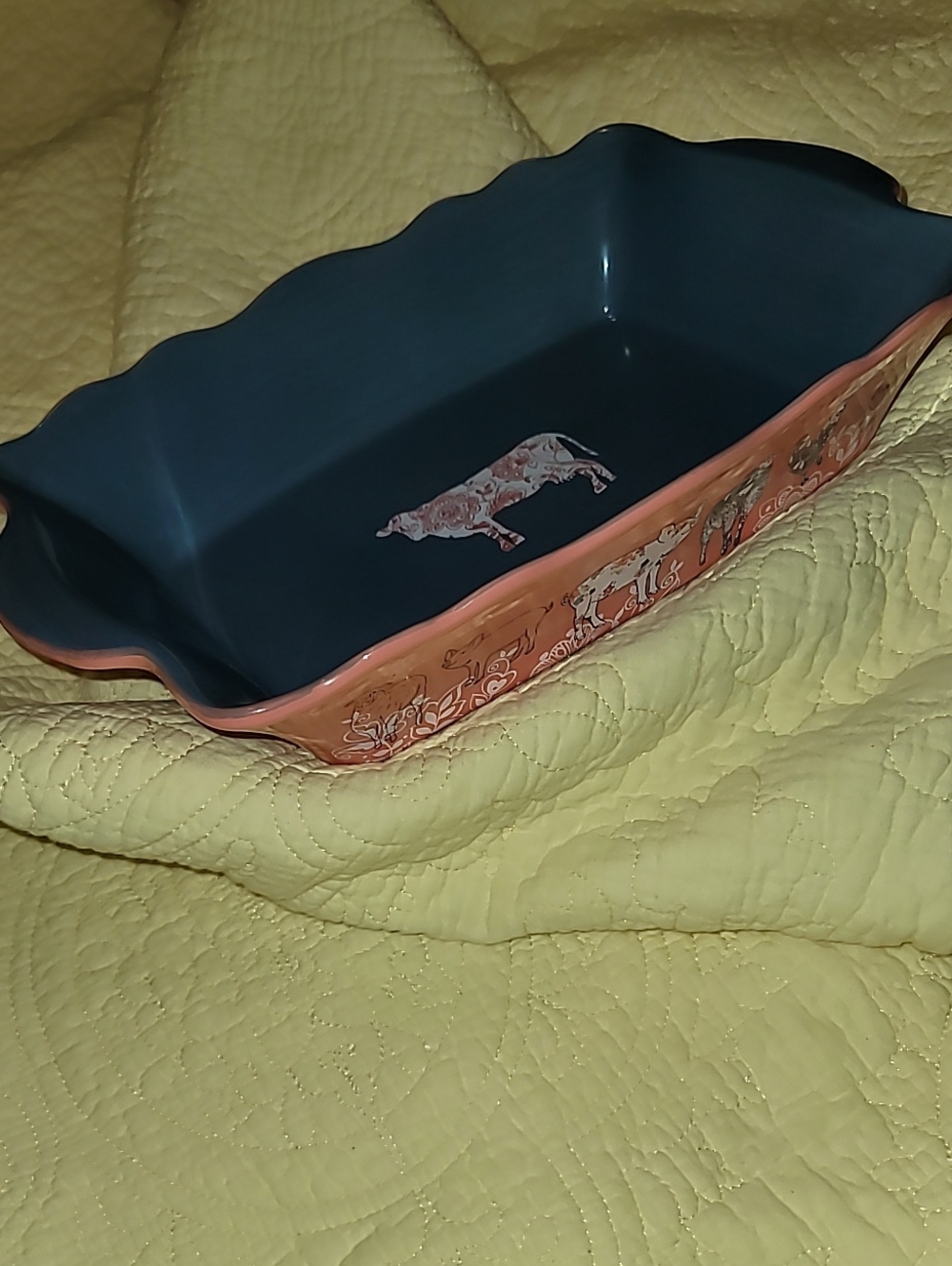 Urban Market Coral Exterior Baking Dish with Dark Teal Interior and Cow Motif